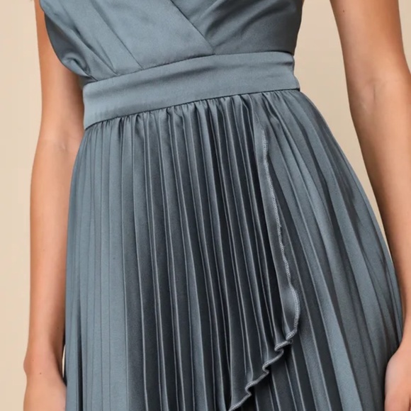 Lulus Ultimate Charm Dark Sage Grey Satin Pleated High-low Maxi Dress - Size L - Picture 4 of 8